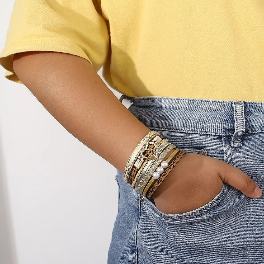 Multilayer Pearl Leather Bracelet Coco & Dee