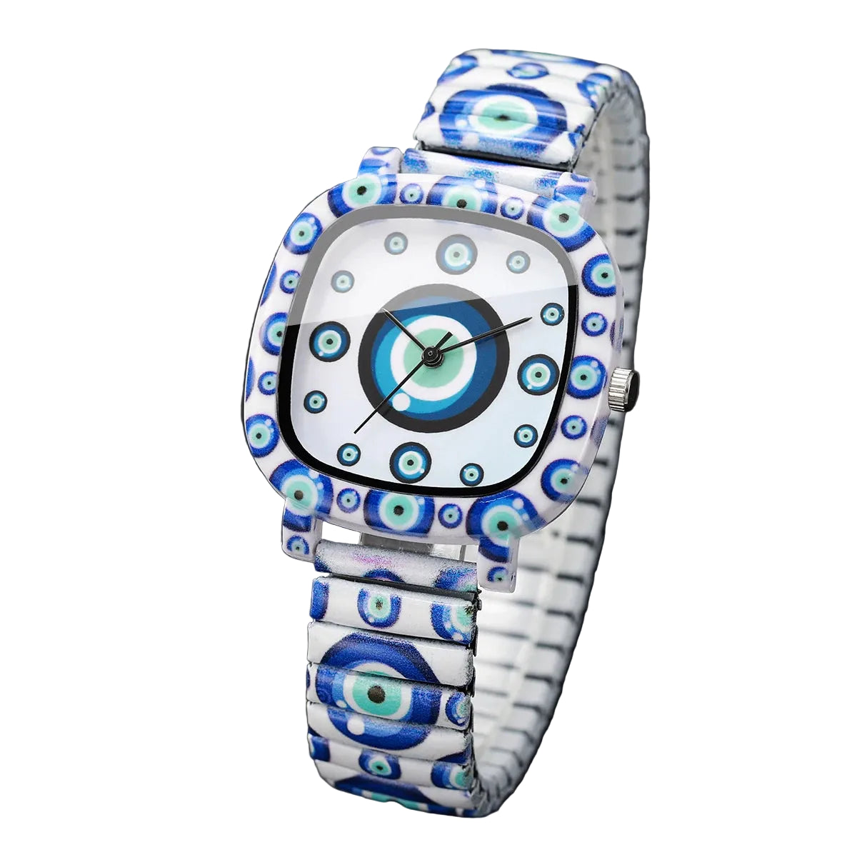 A square analog watch with a white face and a matching metal bracelet, both decorated with a blue and green evil eye pattern. The watch is photographed on a dark textured surface with a white box edge visible in the background.