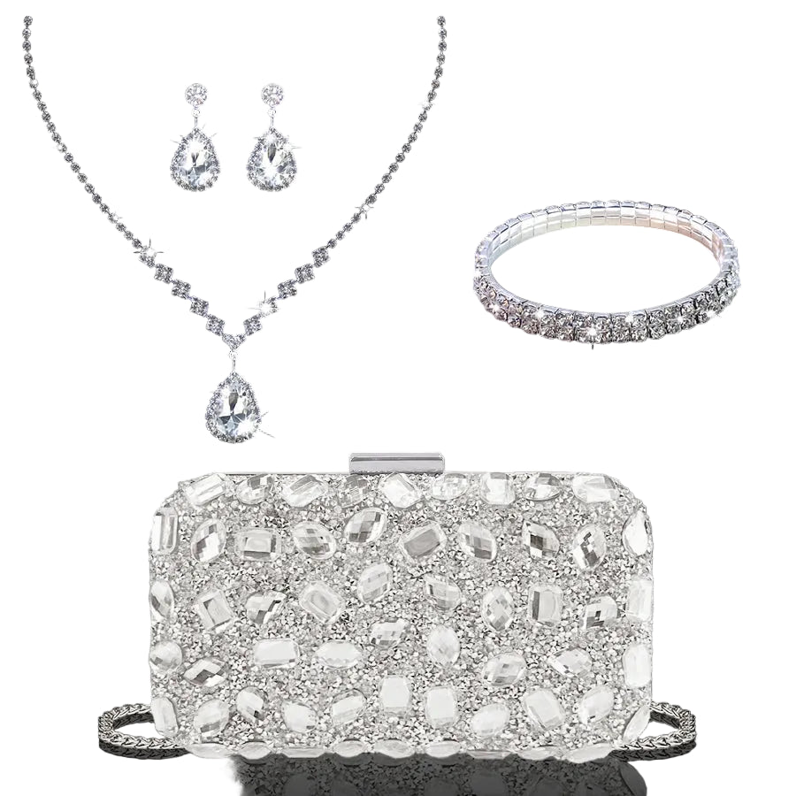 Silver jewelry set with necklace, earrings, bracelet, and clutch on a black background