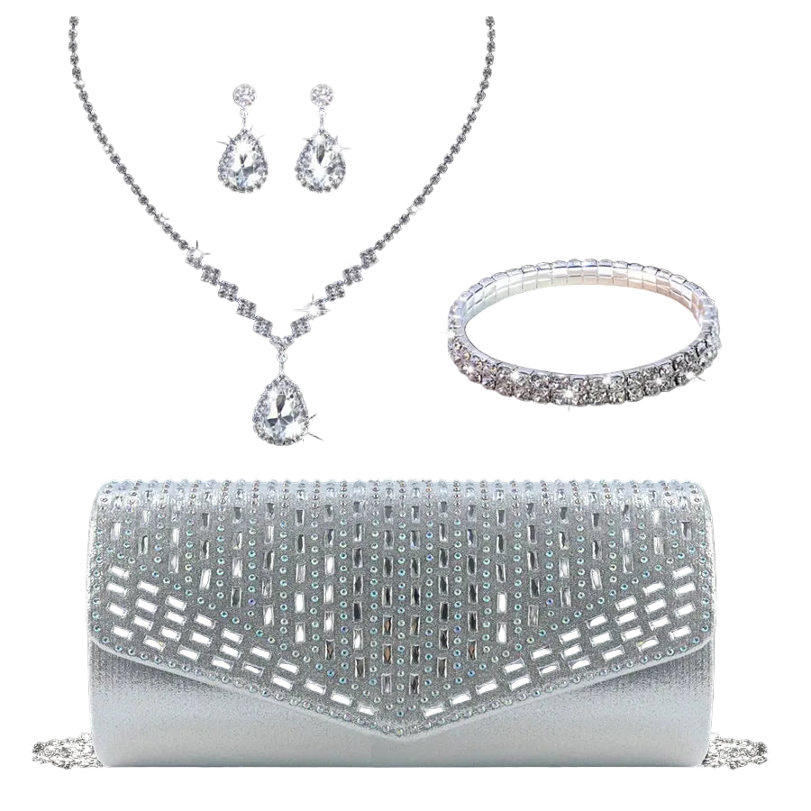 Silver jewelry set with necklace, earrings, bracelet, and clutch on a black background