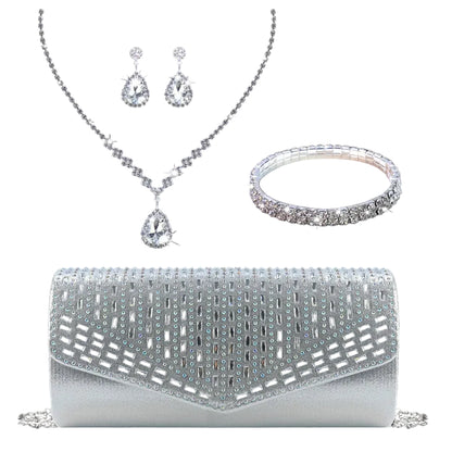 Silver jewelry set with necklace, earrings, bracelet, and clutch on a black background