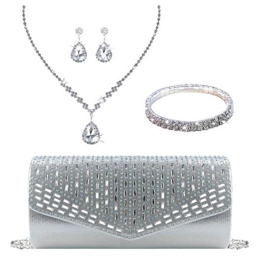 Silver jewelry set with necklace, earrings, bracelet, and clutch on a black background