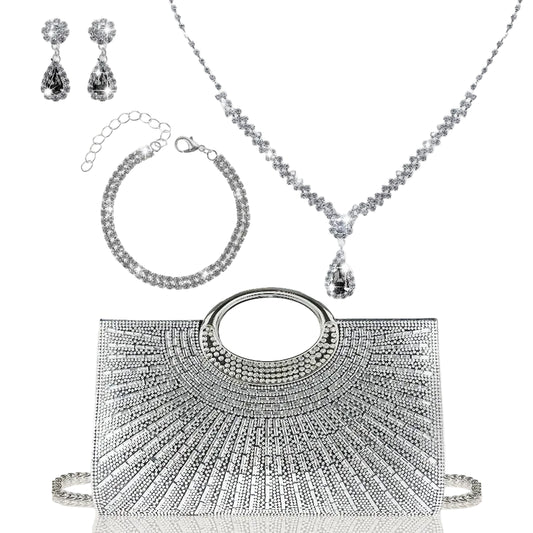 Silver jewelry set including a handbag, necklace, bracelet, and earrings on a light gray background.