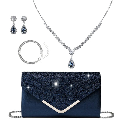 Navy blue clutch bag with sparkling details, necklace, earrings, and bracelet on a beige background